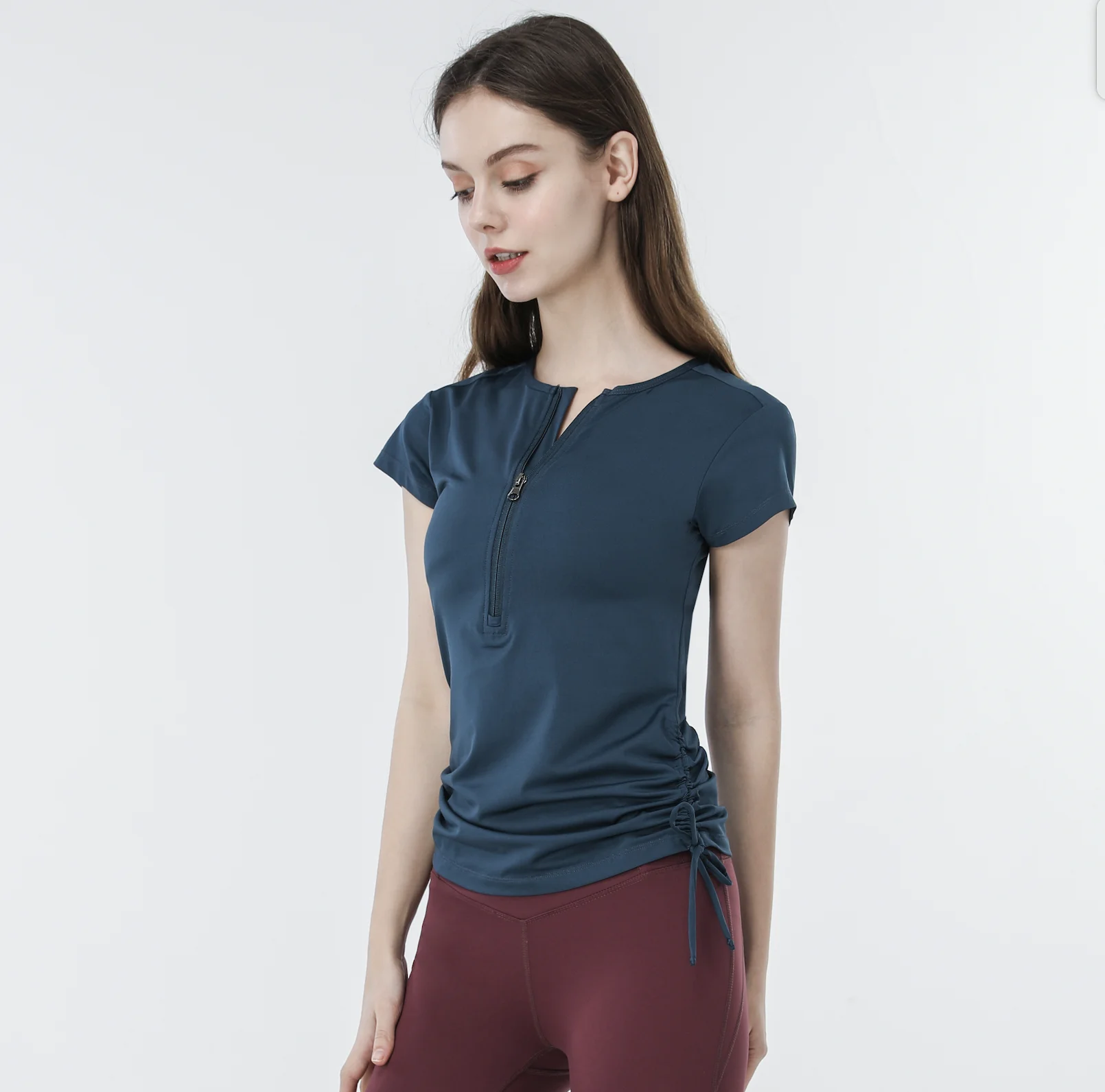 

wholesale new custom plain quick drying yoga top women half zipper draw string short sleeve t-shirt yoga