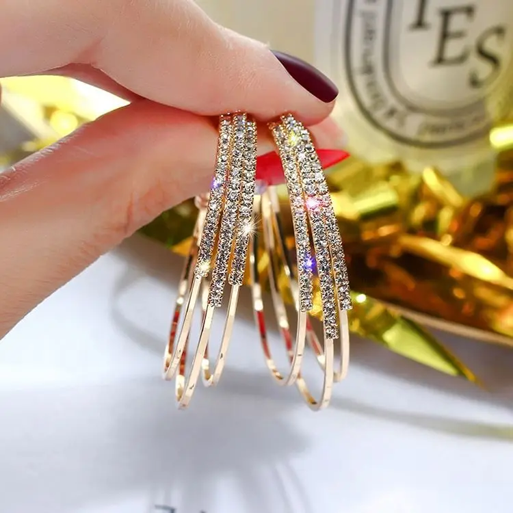 

Korean sparkly 925 silver needle geometric c shaped circle rhinestone hoop earrings, Picture