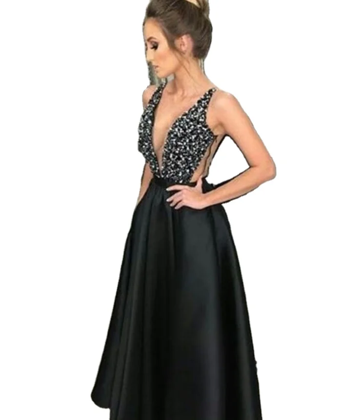 

Women V Neck Sleeveless Backless Long Ball Gown Evening Dresses 2018, Black