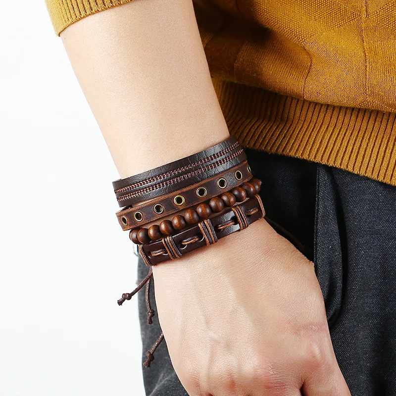 

Fashion Braided Mens Leather Wood Bead Bracelet Retro Adjustable Brown Wrap Braided Bracelet Rope Set, Picture