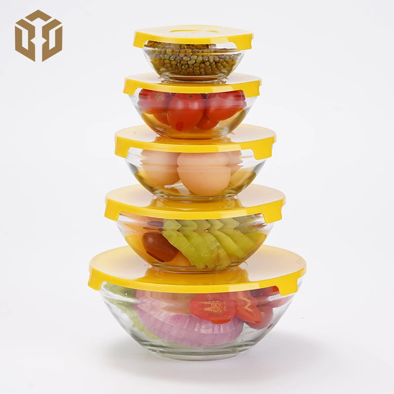 

DG household 5-piece glass preservation bowls set kitchen round transparent glass bowl with cover