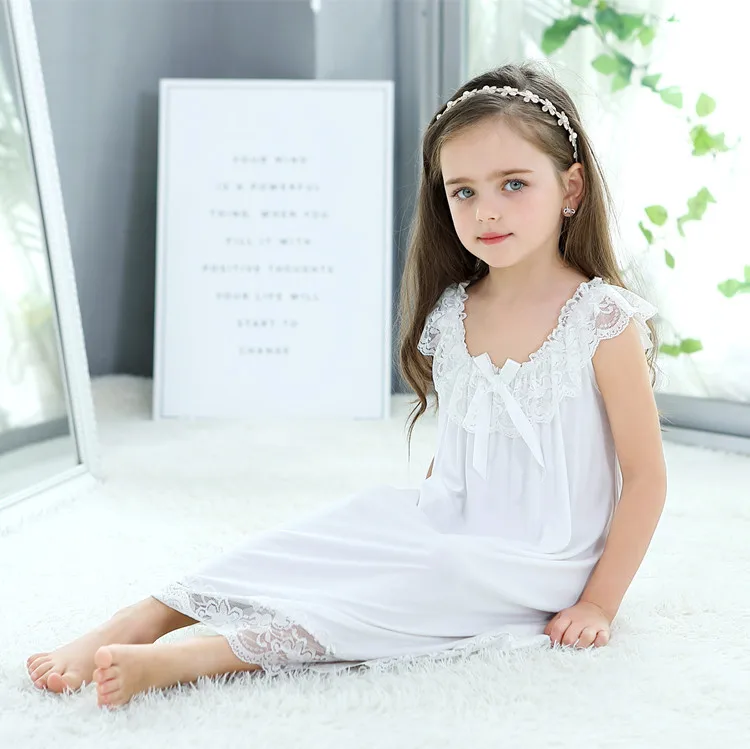 

Summer Girls Cotton Long Pajamas Mother-daughter Parent-child Nightdress Homewear, White