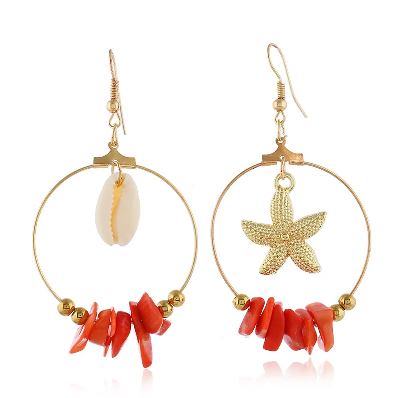 

Creative Bohemian Natural Stone Sea Shell Shape Pendant Dangle Trendy Gold Plated Boho Women Hoop Earrings For Women, Red,blue,white,gold
