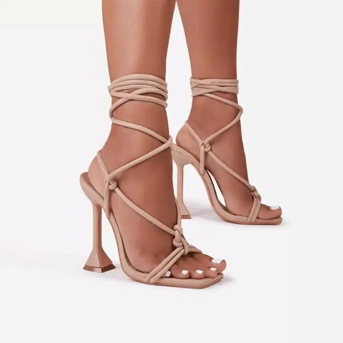 

New Design Lace Up Square Toe Women Ladies High Heel Sandals Shoes For women, Black, apricot, pink