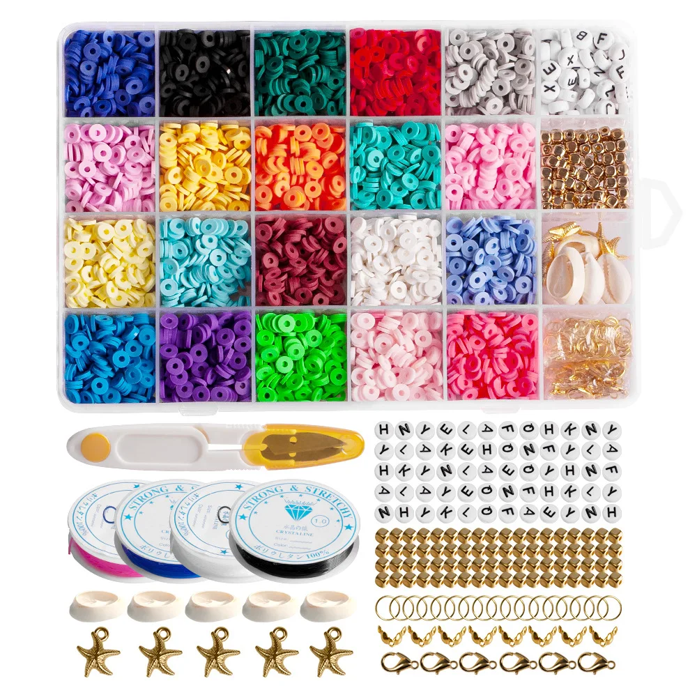 

Plastic Box Jewelry Findings Tool Accessories Set Polymer 6mm Flat Clay Spacer Bead for Ankle Bracelet Necklace DIY Making Kit, 20 colors