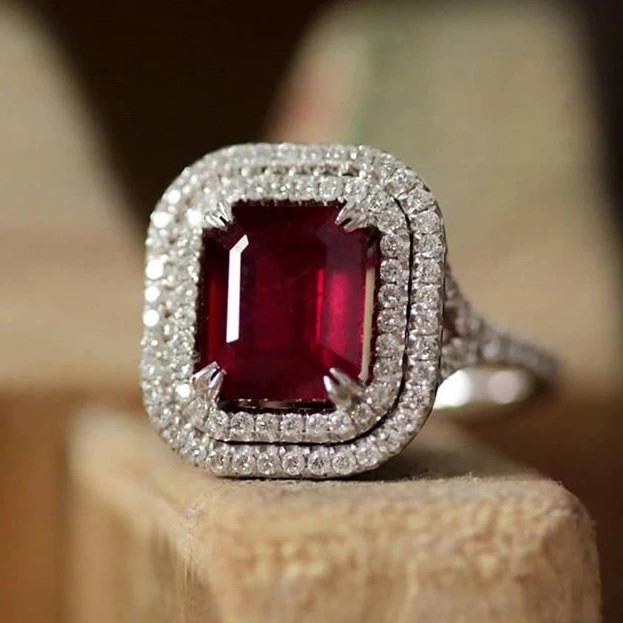 

CAOSHI Noble Red Radiant Cut Gemstone Ring Romantic CZ Macro Pave Rings Launched Girls Women Silver Luxury Ruby Rings