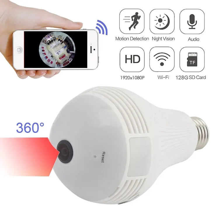 

360 Wireless IP Camera Bulb Light CCTV WIFI Camera IR night Vision 2MP Panormaic Fisheye Hidden Bulb Camera Security, White cctv bulb light bulb camera
