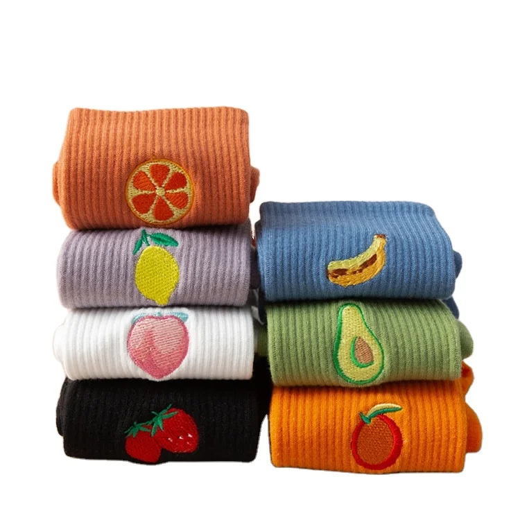 

7 Colored cotton cartoon women sock set custom fruit embroided socks