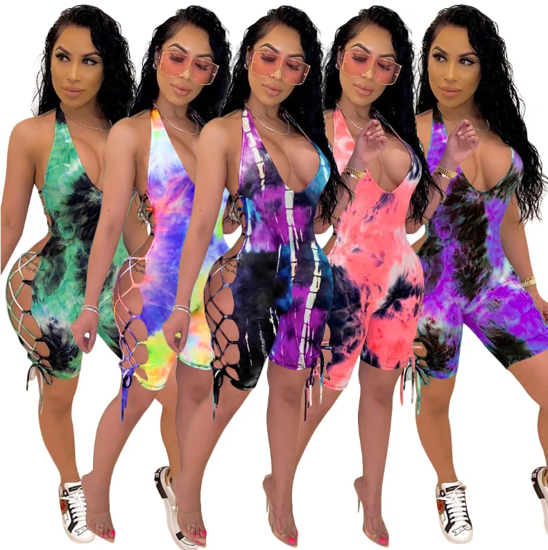 

2020 Summer Custom Tie Dye Rompers Women One Piece Jumpsuit Ladies Fashion Printing Bodysuit Fitness Shorts, As picture