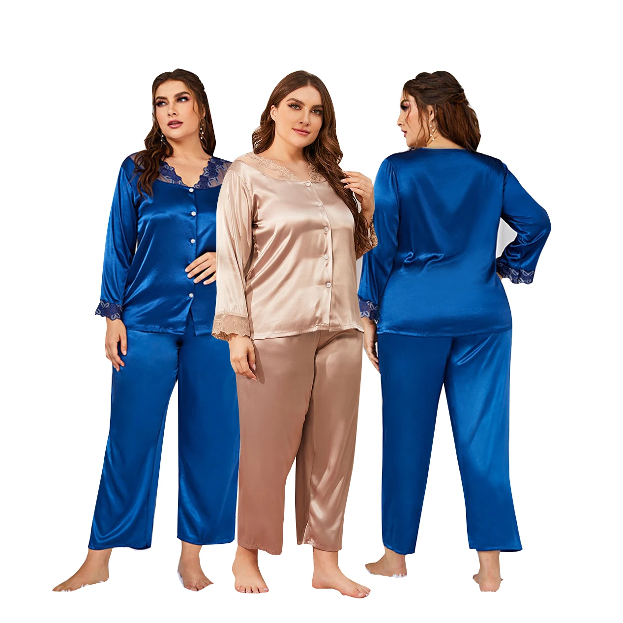 

new women's 2021 Lace sexy v-neck long-sleeved cardigan suit pajamas set sleepwear