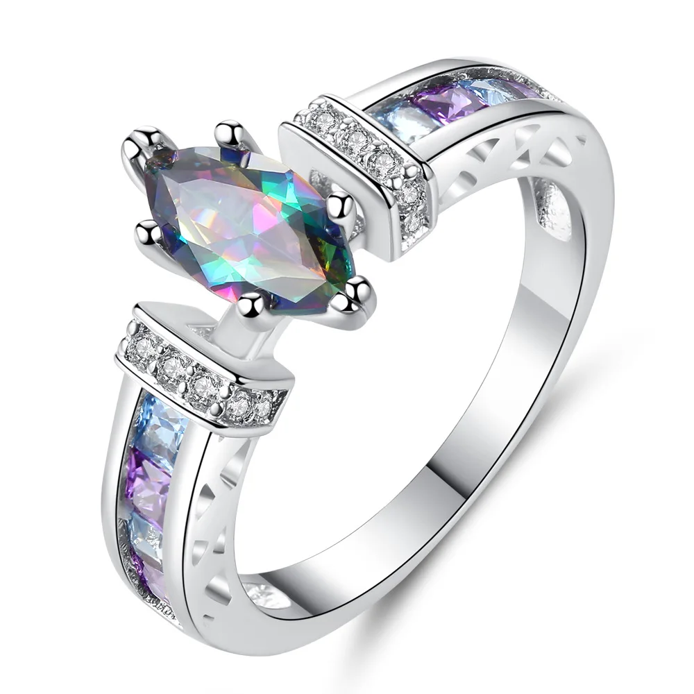 

Queena Jewelry Silver 925 Rings for Women with Oval Rainbow Fire Mystic Topaz Gemstone Amethyst Rings Fine Jewelry, As picture show