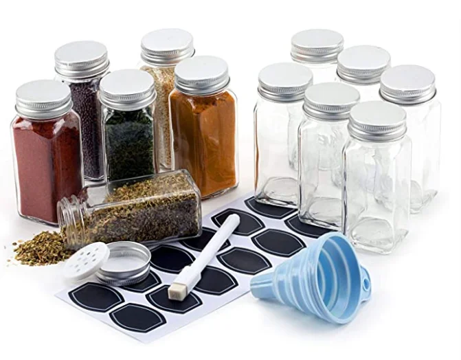 

24pcs Square Spice Bottles Glass Spice Jars with Silver Metal Lids Clear Label Pour/Sift Shakers