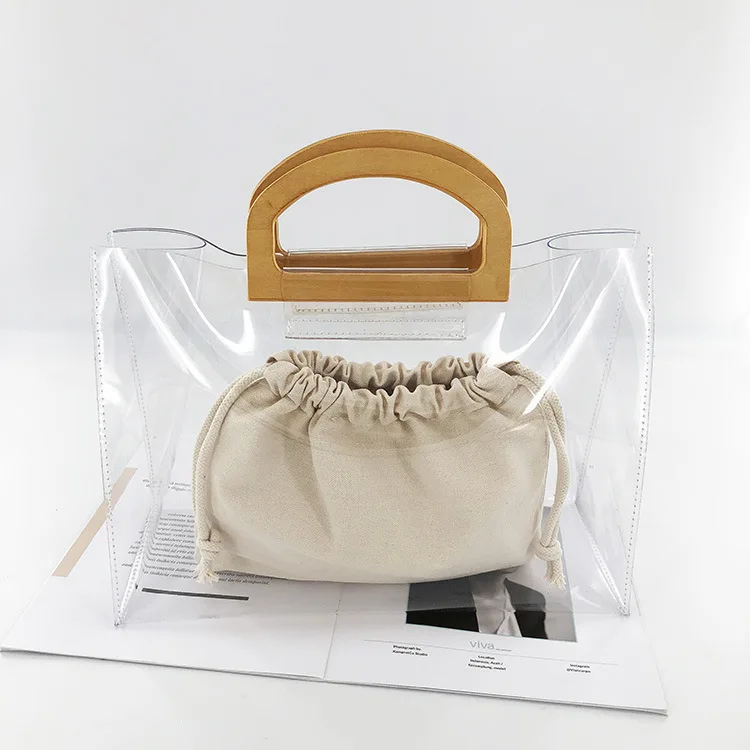 

2021 New Vintage Style wooden handle Handbag Casual Tote Womens PVC Clear Purses and Handbags Transparent Bucket ladies bags, Picture