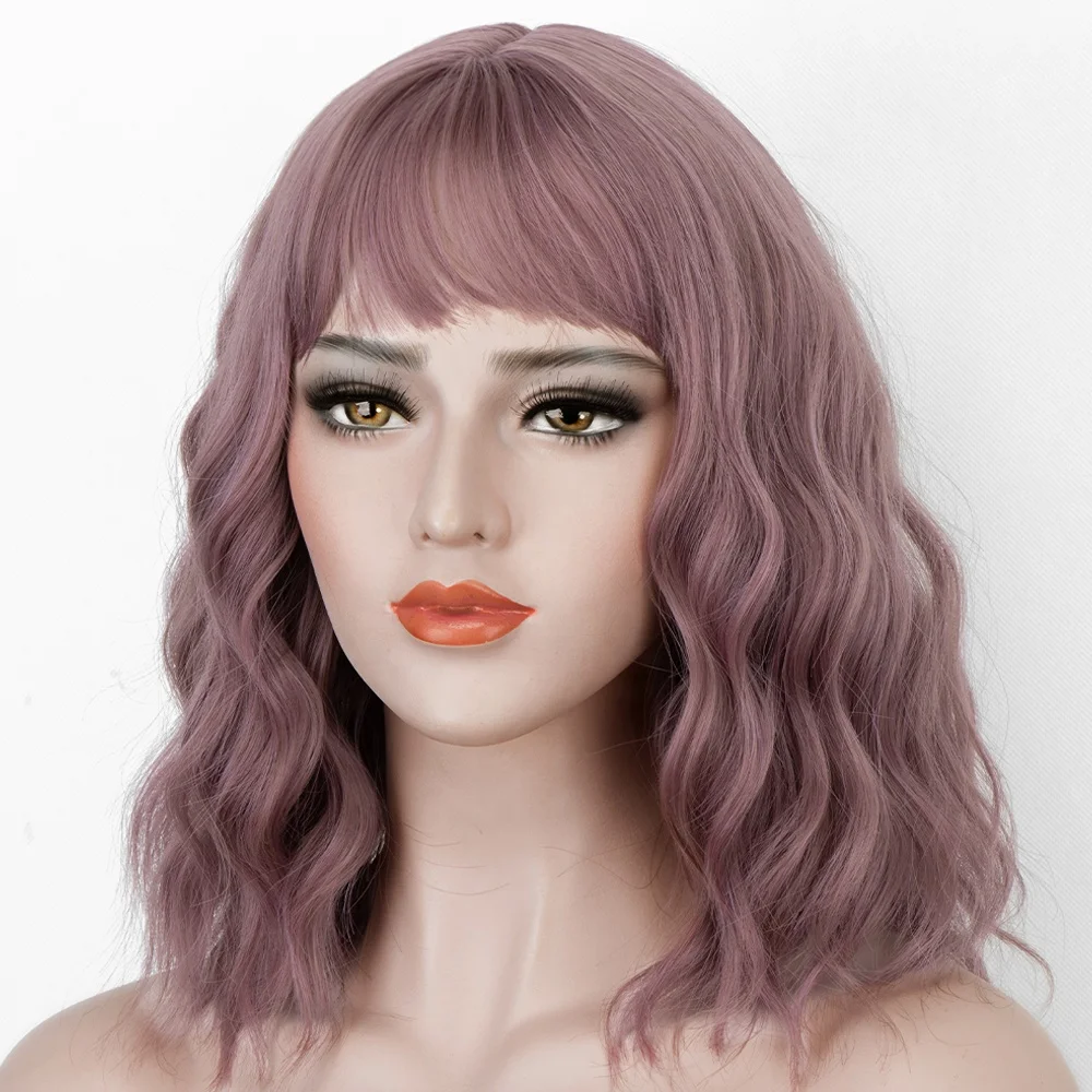 

Aliblisswig Pastel Pink Replacement Wig Short Wavy Bob Heat OK Fiber Hair Machine Made None Lace Synthetic Wig with Bangs