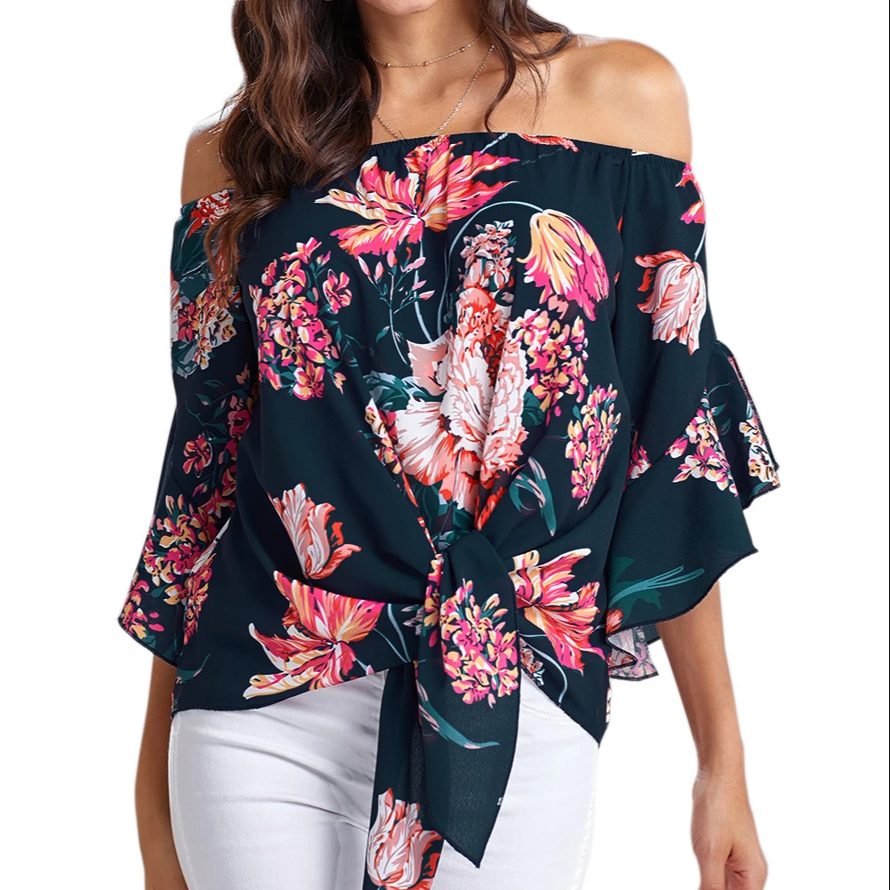 

PRETTY STEPS 2021 PSCH805 Women Flare Sleeve Off Shoulder Tied Knot Floral Print Casual Blouse Shirts