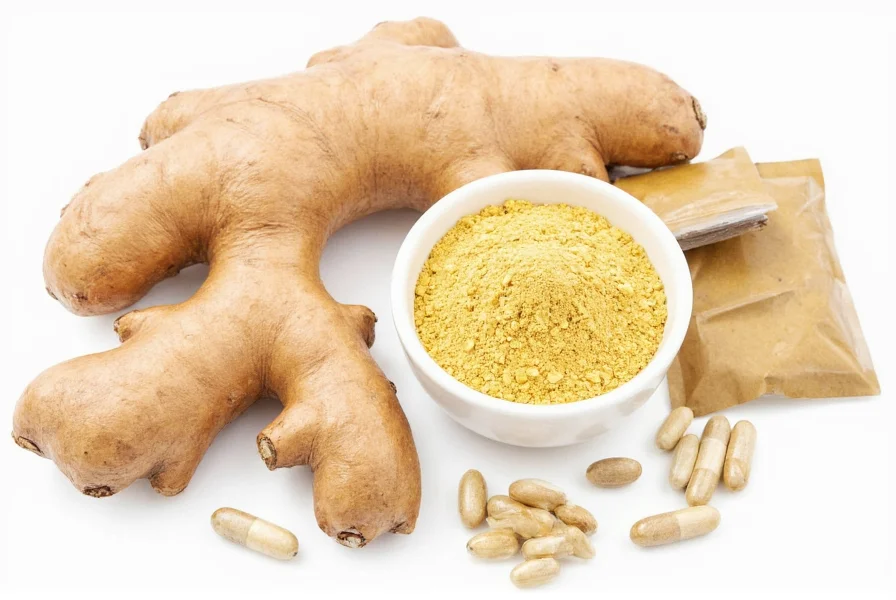 Various ginger preparations including fresh root, powder, tea bags, and capsules arranged neatly