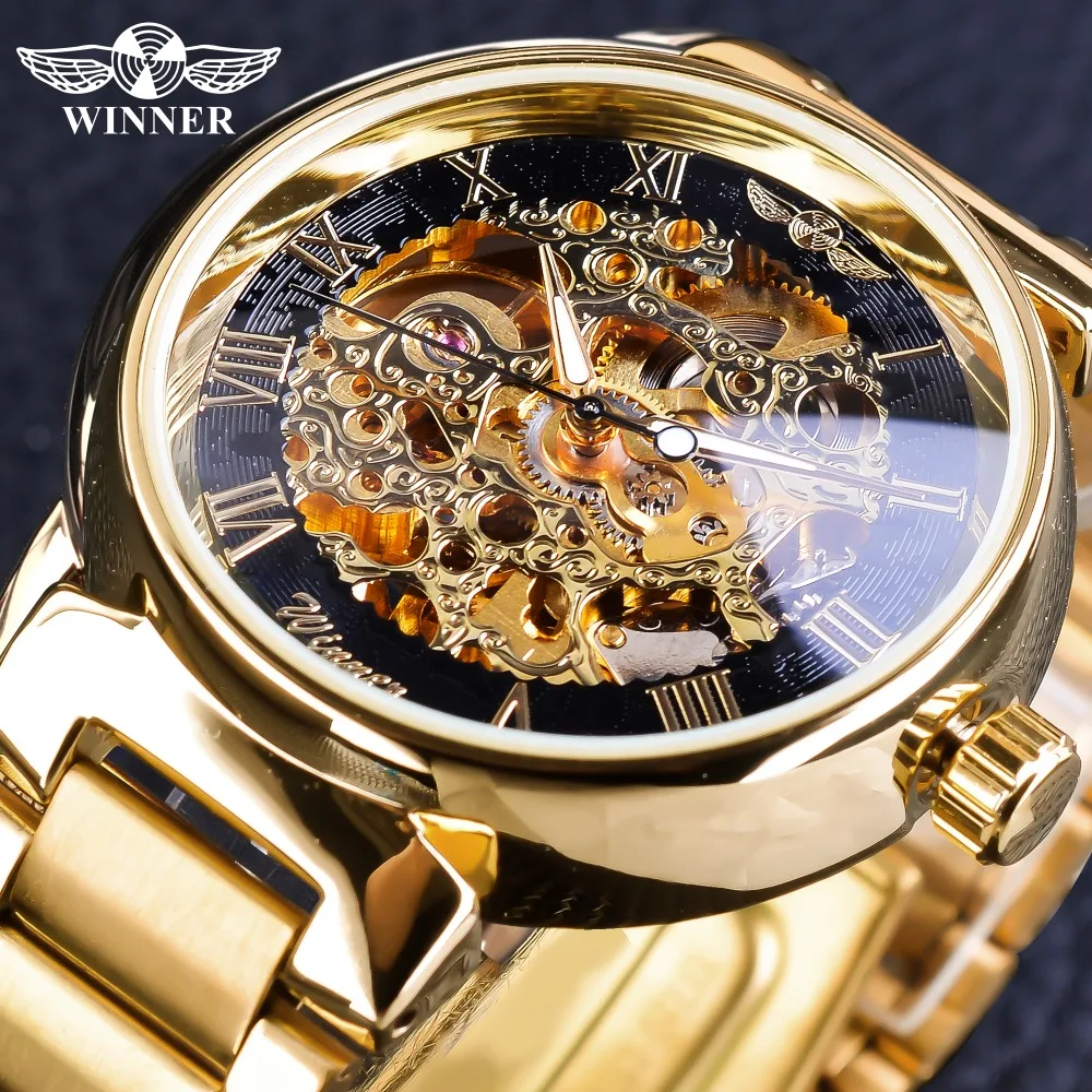 

Winner Watch Roman Gold Skeleton Mechanical Watch for Men Luminous Hands Winner Stainless Steel Transparent Automatic Watch, 3-colors