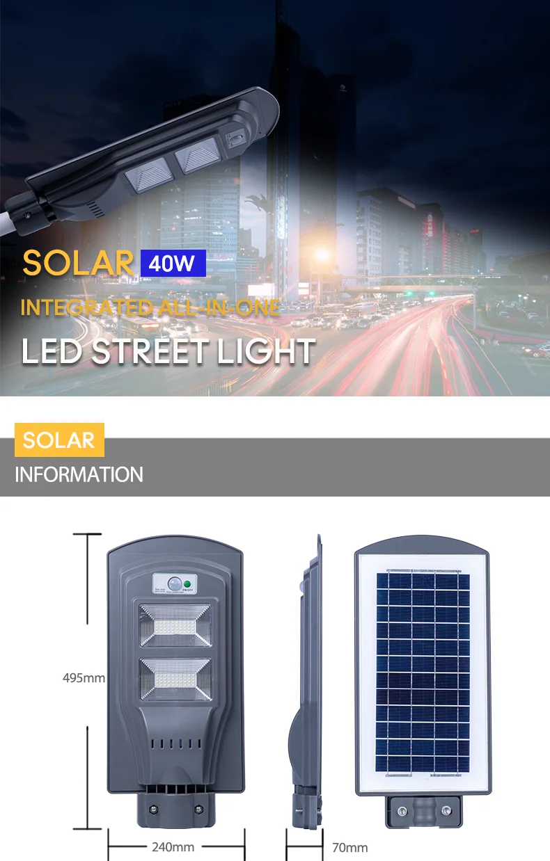 tudo em uma lâmpada exterior impermeável solar inteligente solar da lâmpada de rua 40W da luz de rua IP65