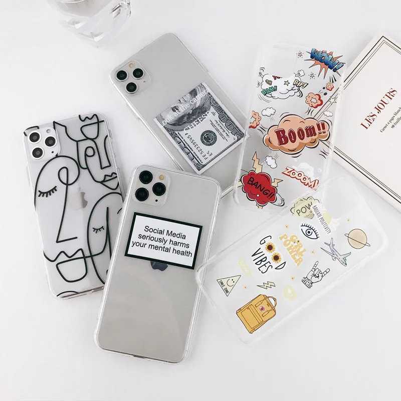 

Funny Art Abstract Phone Case For iPhone 11 Pro Max XS Max XR X 7 8 6S 6 Plus Transparent Cartoon Soft Silicone TPU Cover