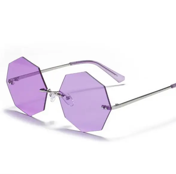 

2023 Fashion Candy Color Metal Arm Octagon Rimless Purple Octagon Shaped Sunglasses For Women Fun Sunglasses