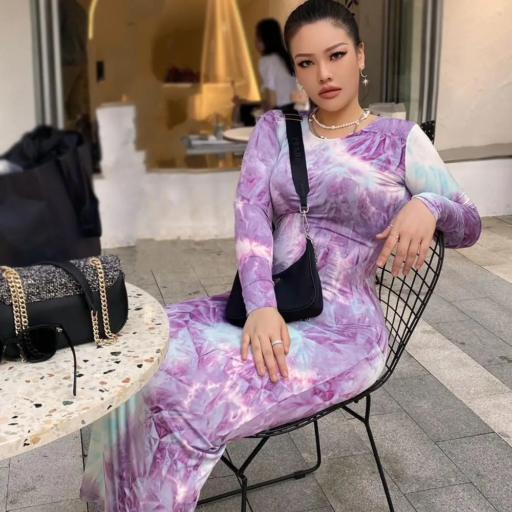 

Women long sleeve Round Neck dresses sweater maxi Solid color sexy bodycon club dress