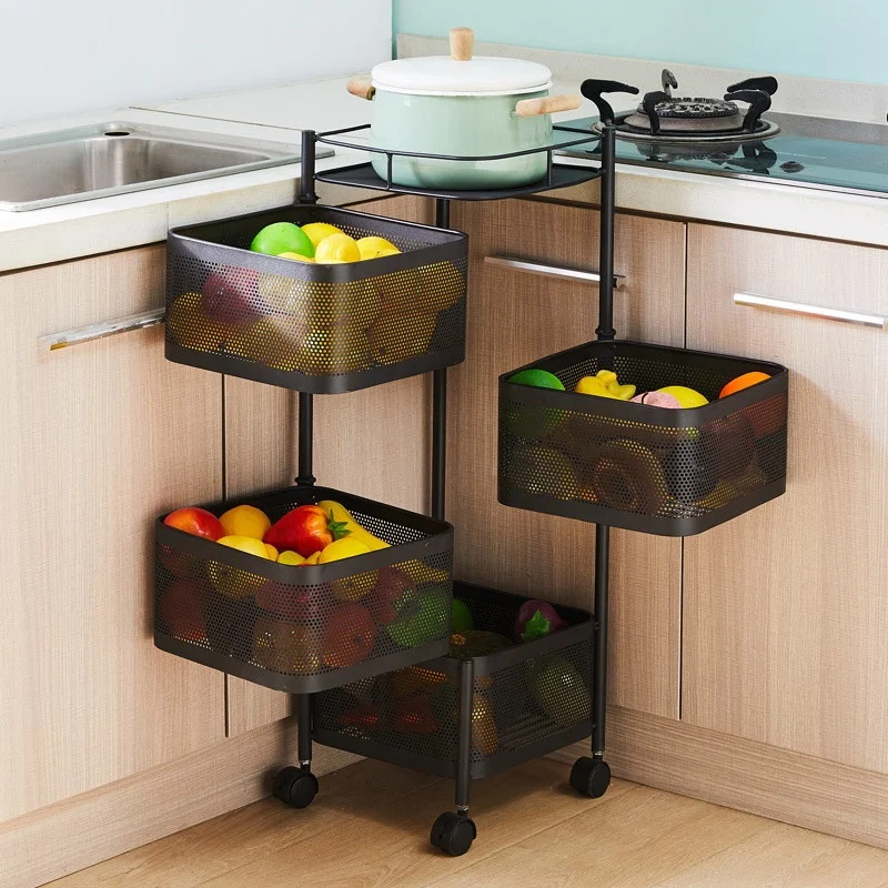 

New Multi-layer Metal Multi functional Black 360-degree Rotating Movable Vegetable Fruit Storage Basket