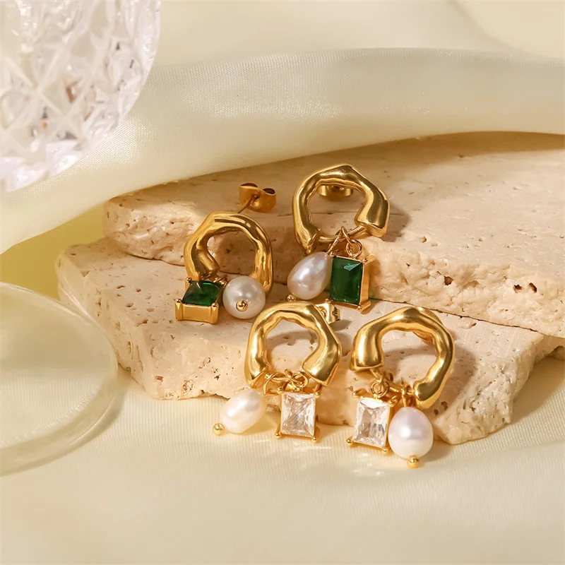 

Waterproof Jewelry 18k Gold Plated Stainless Steel Inlaid White Green Zircon Natural Freshwater Pearl Pendant Earrings Women