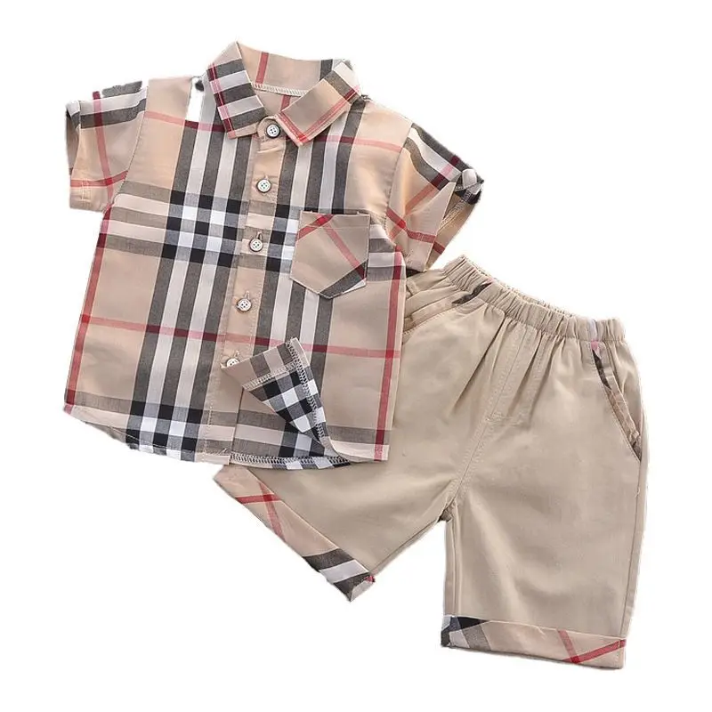 

2021 summer new baby boy short-sleeved shirt boy's clothing plaid shirt pants set, Khaki/yellow/green