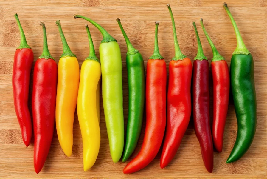 Various types of fresh chili peppers arranged by heat level from mild to extreme on wooden cutting board