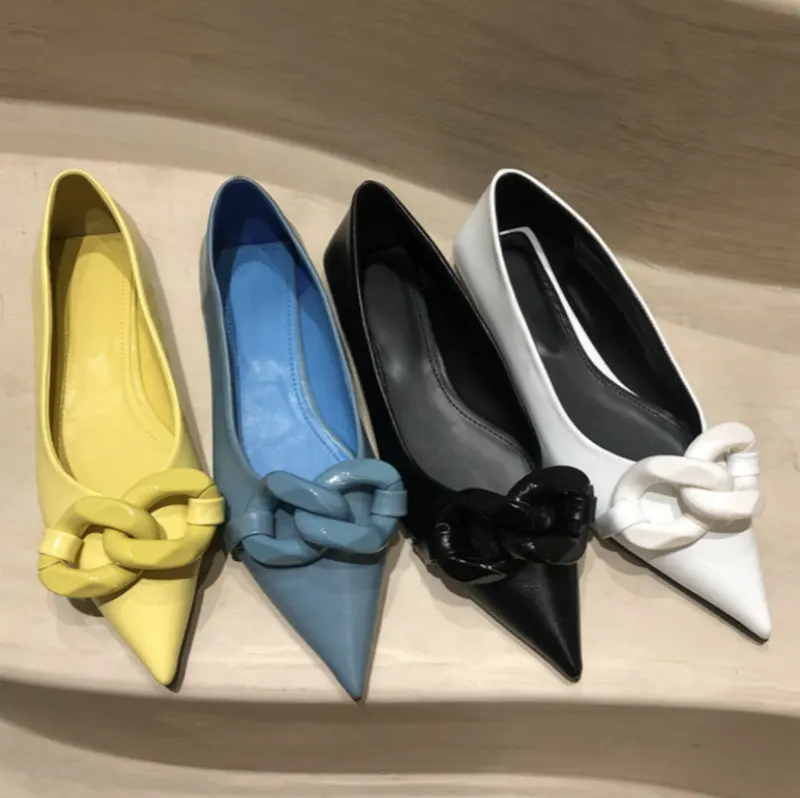 

Wholesale 2021 Chain Buckle Pointed Toe Female Casual Loafers Flat Pumps Leather upper Women's Casual Shoes for Office Ladies, White, yellow, black, blue