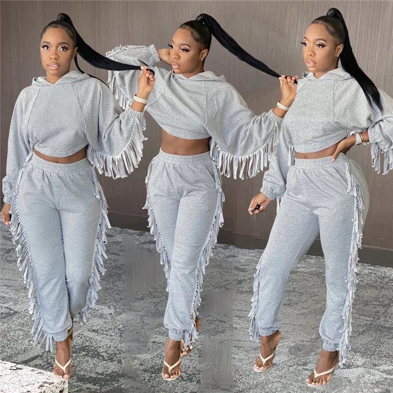 

Ladies Grey Two Piece Set Tracksuits Crop Top Pencil Pants Casual Hoodie Women Clothing Fall 2 Piece Fringe Tassel Set, 4 colors