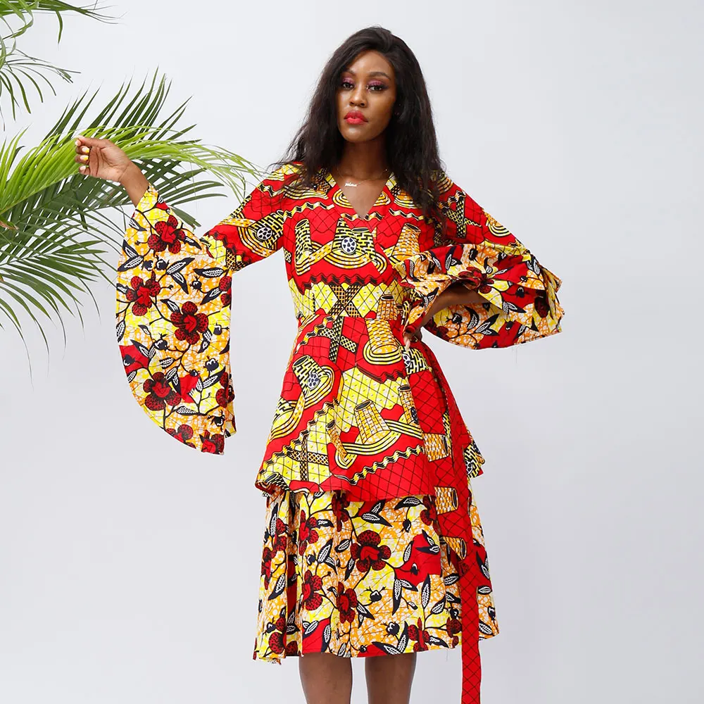 

New Arrival Afican Women Clothing Fashionable Wax Fabric Elegant African women V-neck dresses, As pictures