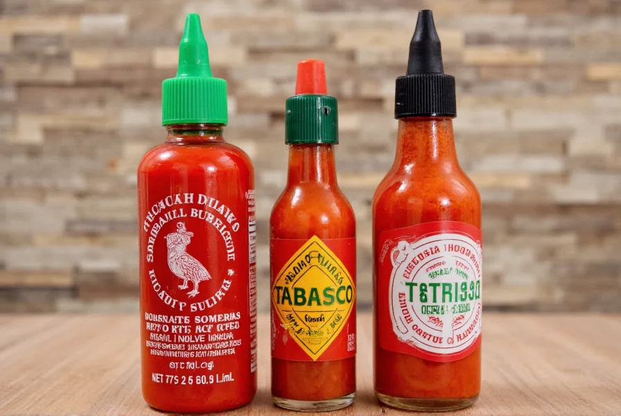 Close-up comparison of sriracha bottle next to common pantry substitutes including sambal oelek, Tabasco, and harissa