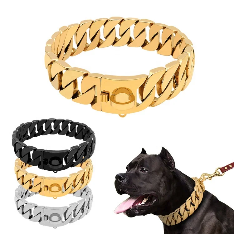 

collares para perros pet animaux laisse pour chien collier Dog cat leash coleira pet Stainless Steel Cuban Link Dog Collar Chain, Gold plating