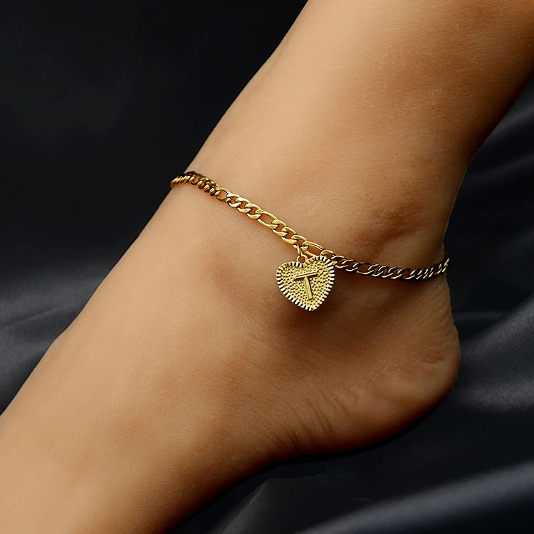 

Stainless Steel Heart Shape Gold Charm Jewelry Initial Anklets With Letters, Colors