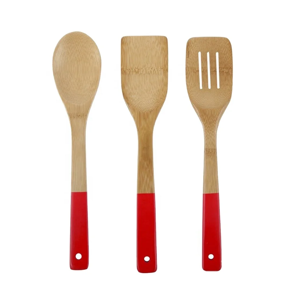 

3pcs bamboo cutlery slotted spoon spatula set with lacquer handle, Natural