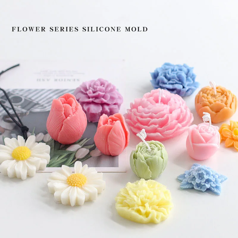 

DIY scented candle moldes para velas 3D peony rose flower moldes resina decoration silicone mold, Random