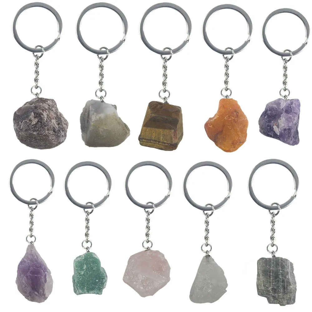 

Healing Irregular Raw Gemstone Keychain Natural Mixed Quartz Rough Crystals Raw Stone Crystal Keyrings Jewelry Pendant, Green, purple, white, black, blue, red,etc.