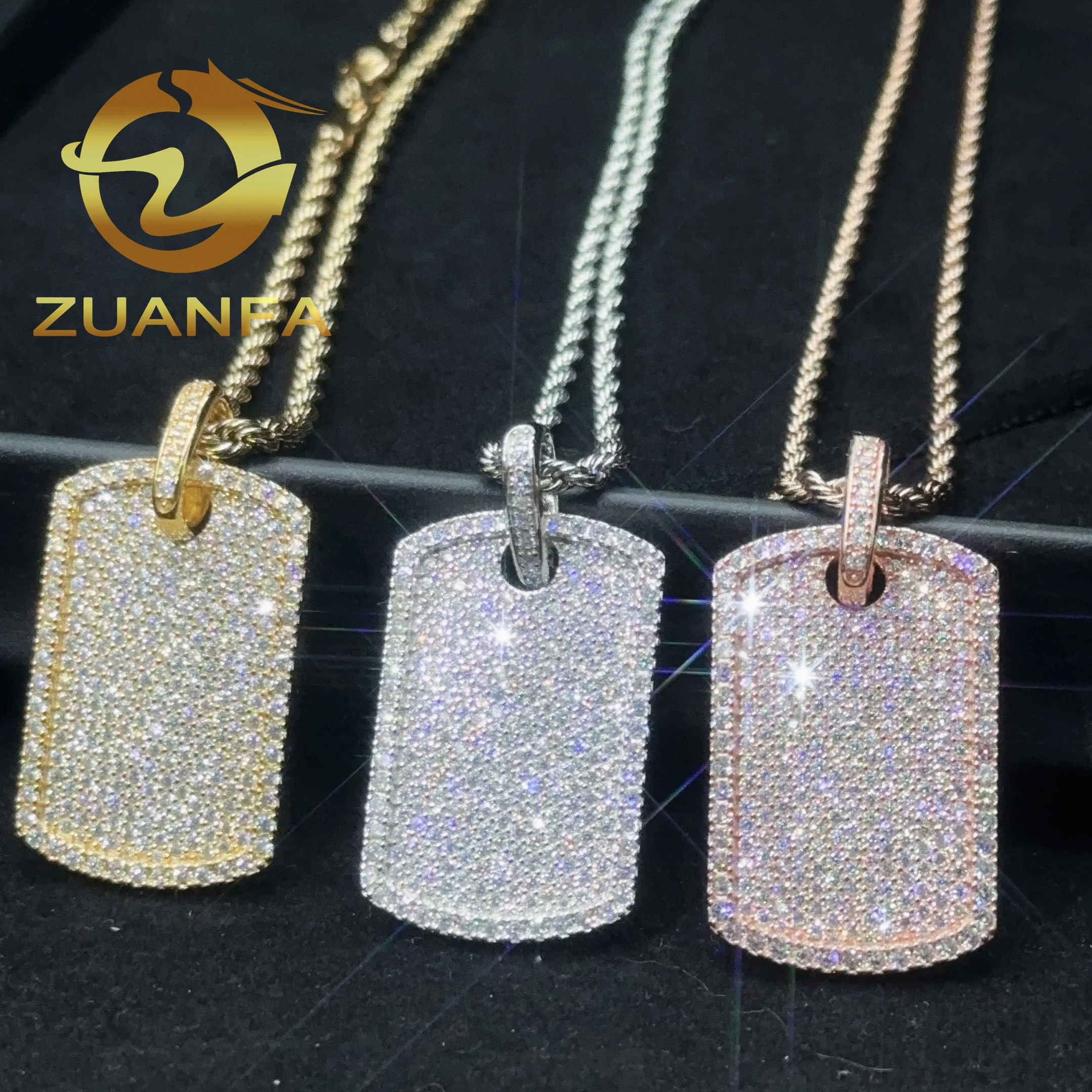 Ready to Ship Moissanite Hip Hop Jewelry Tag Iced Out Pendant Sterling Silver 925 Moissanite Dog Tag Pendant With Rope Chain