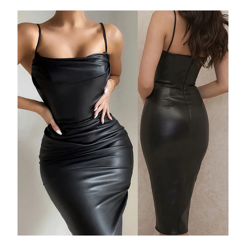 

Free shipping Women Clothing Highly Customized Wholesale Black Vegan Leather Blazer Dress