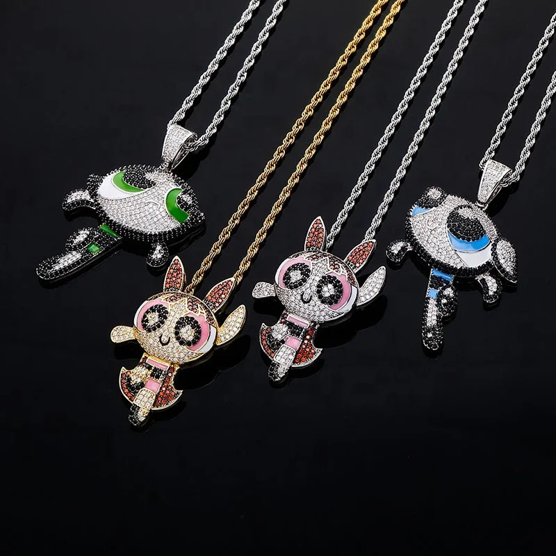 

New Powerpuff Girls Cartoon Pendant Jewelry Micro Pave CZ Charm Hip Hop Mens Brass Iced Out Pendant Chain Necklace Bling Jewelry, Gold,silver