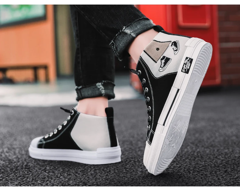 

2021 New Street High Top Canvas Skate Shoe For Men Fashion Sneaker Men's Breathable Running Shoes, Black grey/black red/black