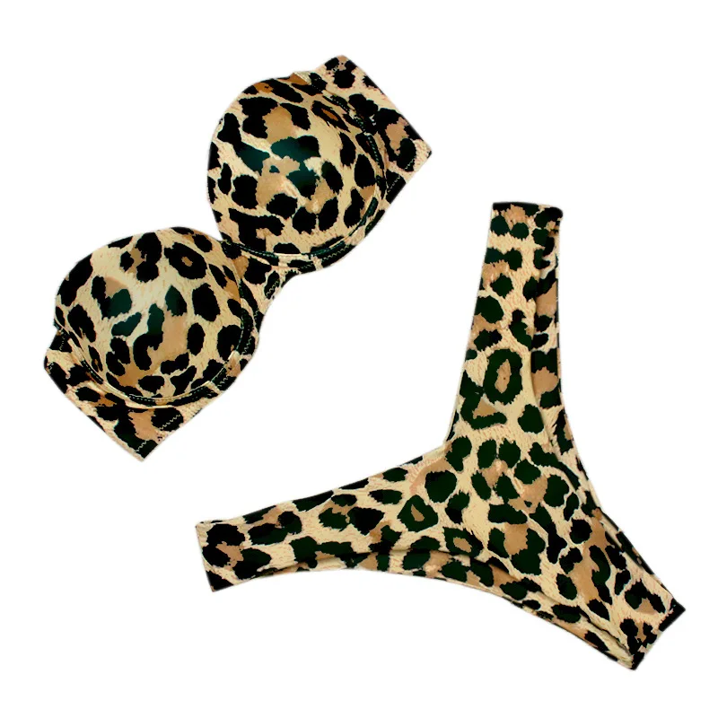 

2021 New High Waist Solid Color Hard Wrap Leopard Print Breast Wrap Sexy Swimsuit Bikini Female Swimsuits