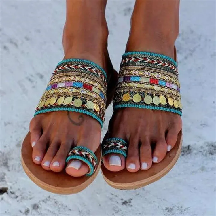 

SD-031 hot selling Traditional ethnic bohemia style multi-color cross strap toe ring slipper for women summer beach sandals, Picture show , squine colors