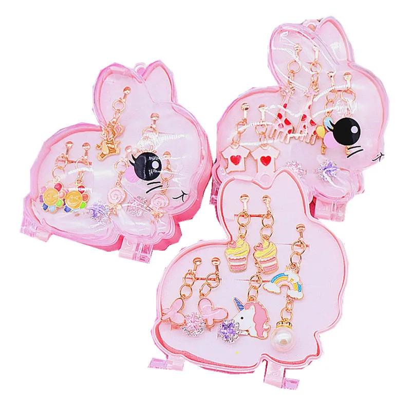 

Fashion Princess cartoon 5 pcs/set rabbit gift Boxes Baby Girls Party Ear Clip and ring For Kids, Colorful