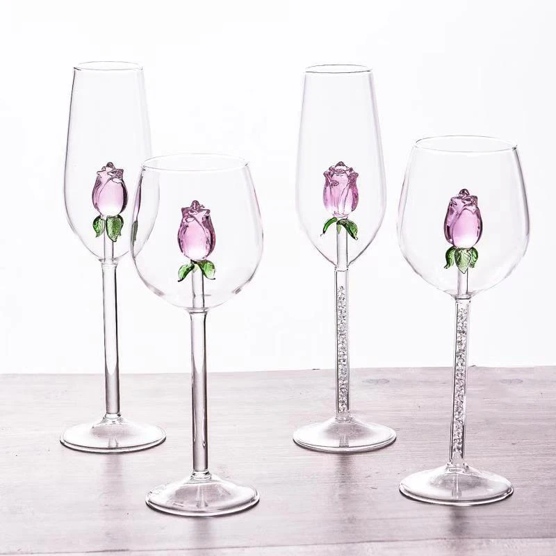

hand blown creative rose flower inside wine glass, Clear