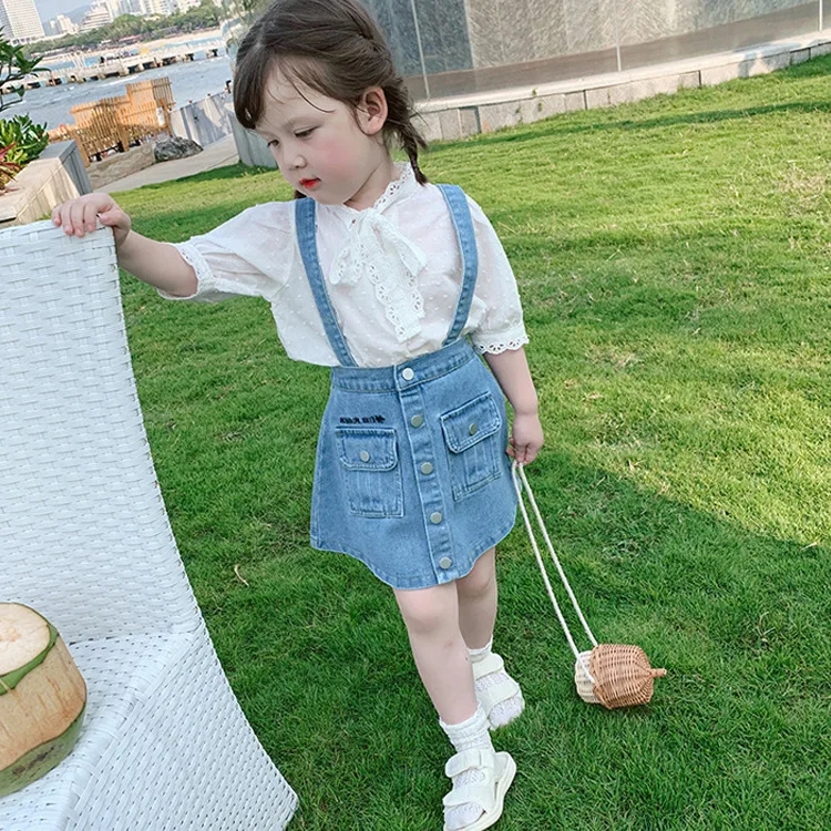 

2021 summer new girl kids lace shirt and denim strap skirt two-piece suit