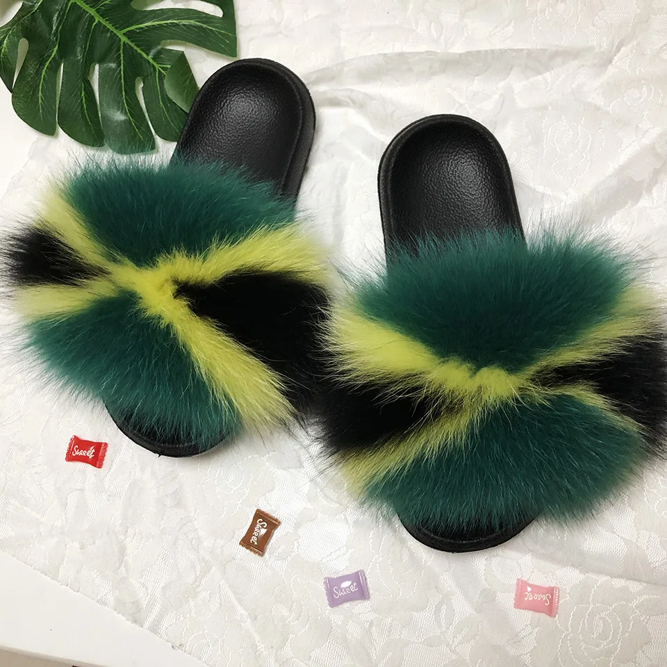 

Women Fur Slippers Genuine Fox Fur Slides Soft Comfortable Flat Indoor Slippers Sandal Woman Fur Shoes, Colorful