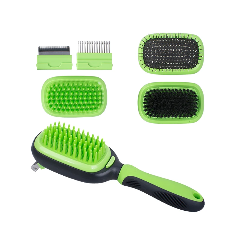 

Manufacturer wholesale massage hair remove tpr dog cat pet 5 in 1 brush grooming set, Green