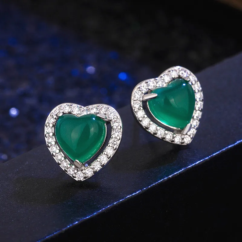 

Jade Heart Ear studs 925 Silver Gifts Amulet Women Natural Chalcedony Earring Jewelry Fashion Green